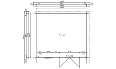Plan Abri de jardin VIOLETTE 13 autoclave 34 mm - 12.30 m² intérieur