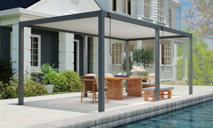 Pergola manuelle bioclimatique alu Gaillard 6x4m 46NB anthracite & lames blanches