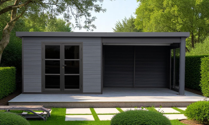 Abri composite Rencurel avec extension à droite - Gris anthracite - 5.83x2.90m, 16.91m2