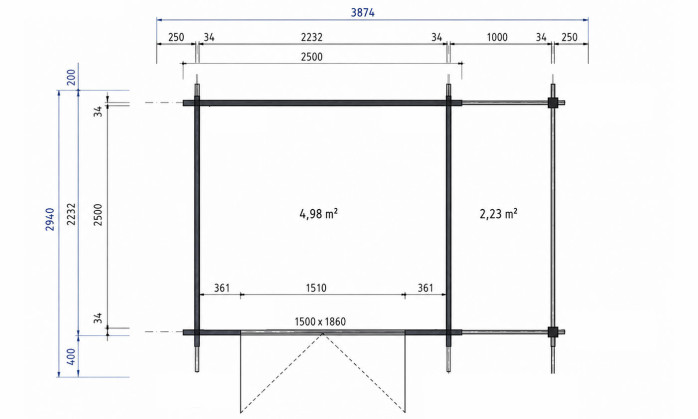 Plan Abri de jardin autoclave BRETAGNE APPENTIS 34 mm - 5m² intérieur + 2,2m²