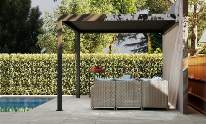Pergola manuelle bioclimatique adossée alu Brive 4x4m 44N - anthracite - 16m2