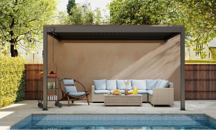 Pergola manuelle bioclimatique adossée alu Brive 4x4m 44N - anthracite - 16m2