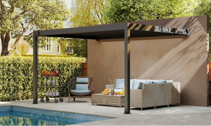 Pergola manuelle bioclimatique adossée alu Brive 4x4m 44N - anthracite - 16m2