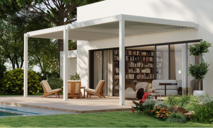 Pergola manuelle bioclimatique adossée alu Brive 6x4m 46B - blanche - 24m2