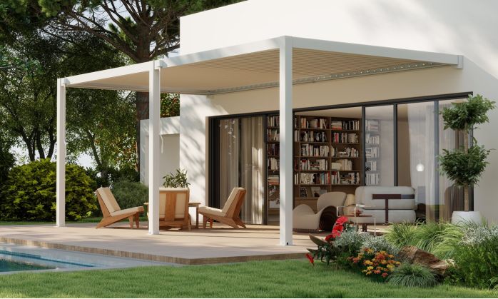 Pergola manuelle bioclimatique adossée alu Brive 6x4m 46B - blanche - 24m2