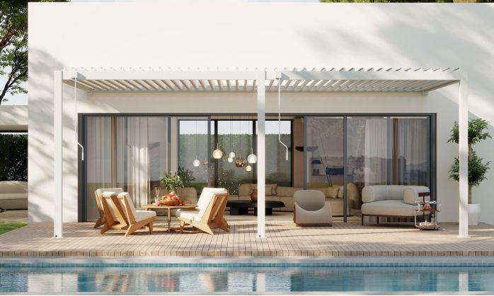 Pergola manuelle bioclimatique adossée alu Brive 6x4m 46B - blanche - 24m2