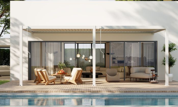 Pergola manuelle bioclimatique adossée alu Brive 6x4m 46B - blanche - 24m2