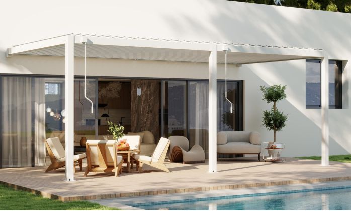 Pergola manuelle bioclimatique adossée alu Brive 6x4m 46B - blanche - 24m2