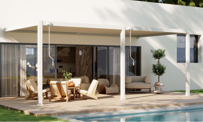 Pergola manuelle bioclimatique adossée alu Brive 6x4m 46B - blanche - 24m2