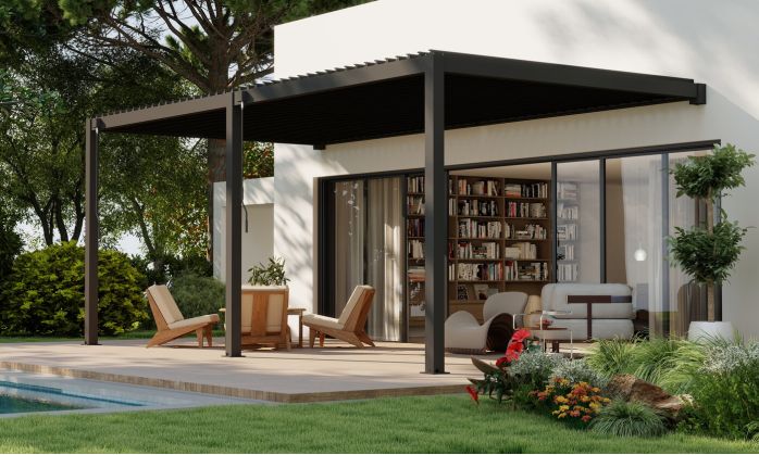 Pergola manuelle bioclimatique adossée alu Brive 6x4m 46N - anthracite - 24m2