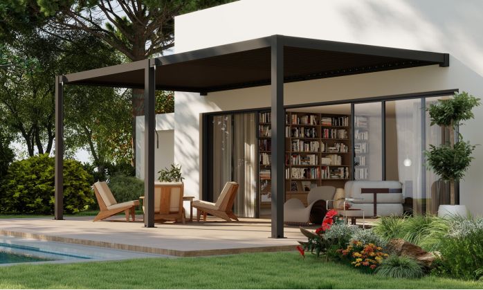 Pergola manuelle bioclimatique adossée alu Brive 6x4m 46N - anthracite - 24m2