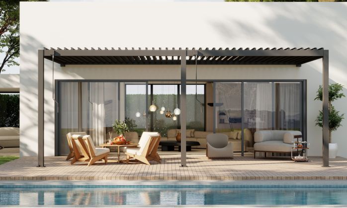 Pergola manuelle bioclimatique adossée alu Brive 6x4m 46N - anthracite - 24m2