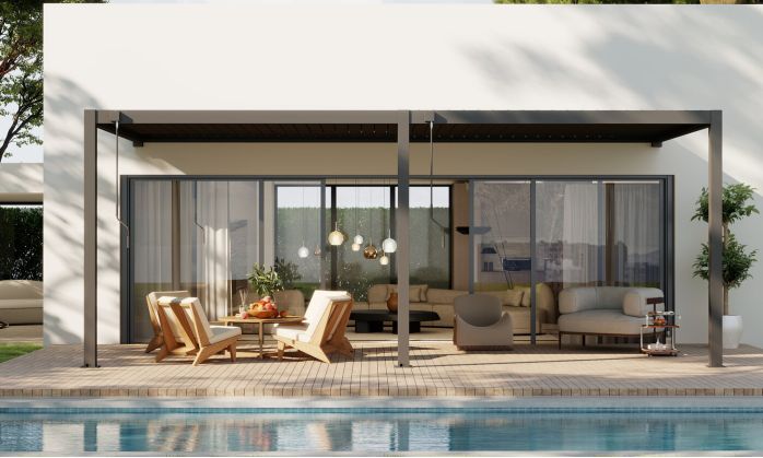Pergola manuelle bioclimatique adossée alu Brive 6x4m 46N - anthracite - 24m2