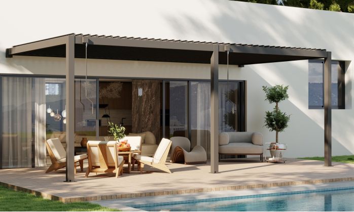 Pergola manuelle bioclimatique adossée alu Brive 6x4m 46N - anthracite - 24m2