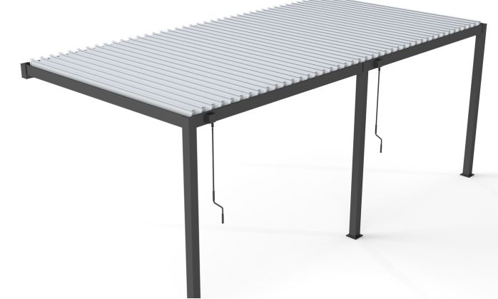 Pergola manuelle bioclimatique adossée alu Brive 6x4m 46NB - Structure anthracite et lames blanches - 24m2