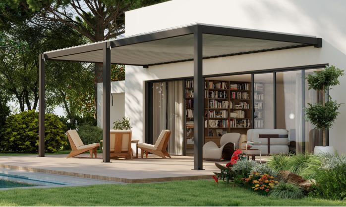 Pergola manuelle bioclimatique adossée alu Brive 6x4m 46NB - Structure anthracite et lames blanches - 24m2
