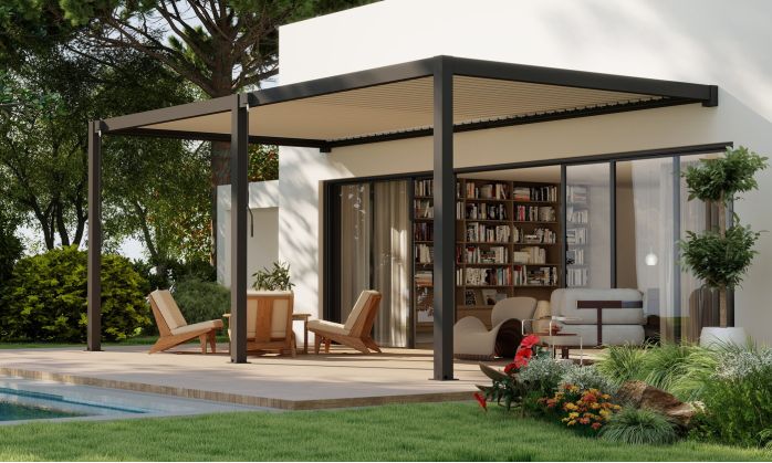 Pergola manuelle bioclimatique adossée alu Brive 6x4m 46NB - Structure anthracite et lames blanches - 24m2