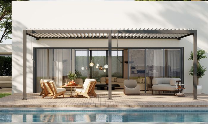 Pergola manuelle bioclimatique adossée alu Brive 6x4m 46NB - Structure anthracite et lames blanches - 24m2