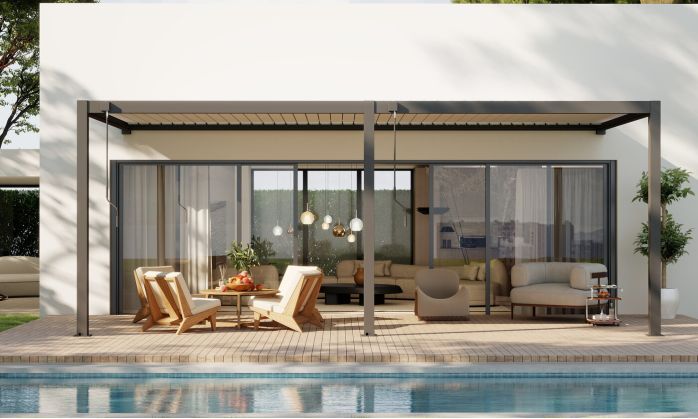 Pergola manuelle bioclimatique adossée alu Brive 6x4m 46NB - Structure anthracite et lames blanches - 24m2