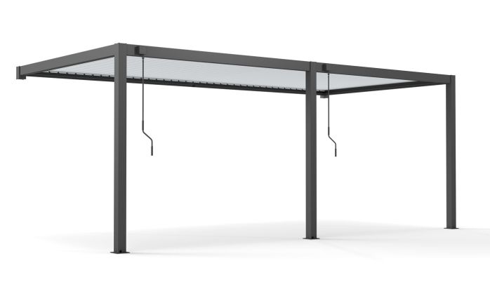 Pergola manuelle bioclimatique adossée alu Brive 6x4m 46NB - Structure anthracite et lames blanches - 24m2