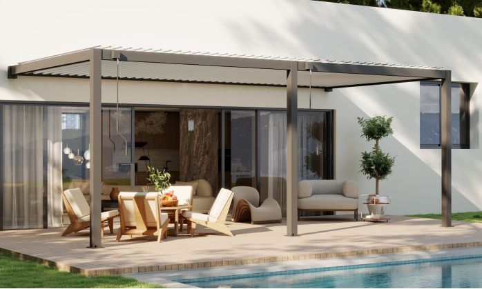 Pergola manuelle bioclimatique adossée alu Brive 6x4m 46NB - Structure anthracite et lames blanches - 24m2