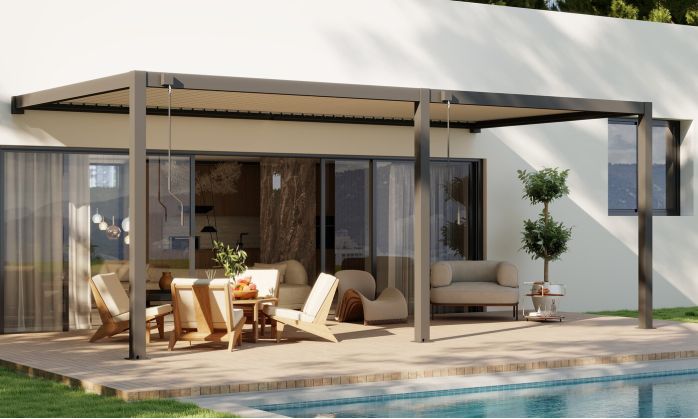 Pergola manuelle bioclimatique adossée alu Brive 6x4m 46NB - Structure anthracite et lames blanches - 24m2