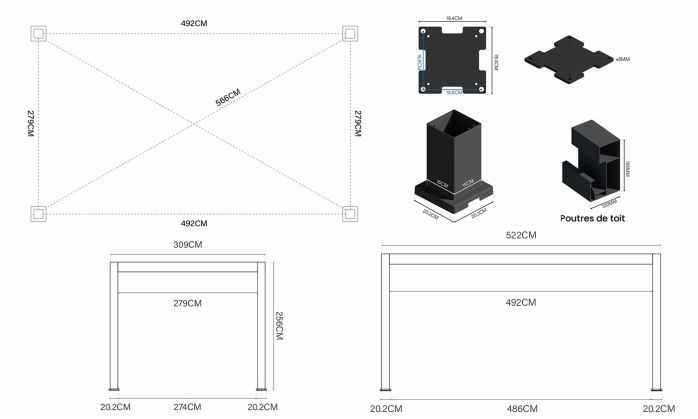 Carport autoportant Alunova A avec kit LED - 530x300cm