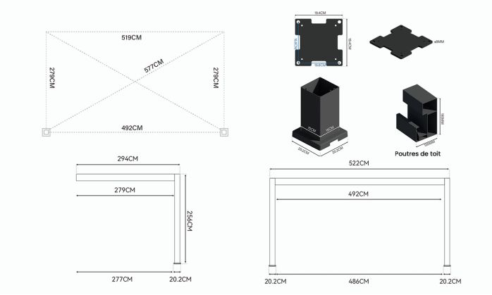 Carport adossé Alunova Aa avec kit LED - 530x300cm