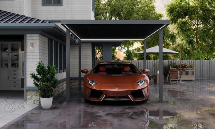 Carport aluminium autoportant avec LED Névéo toit plat 15m2