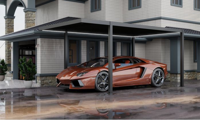 Carport aluminium autoportant avec LED Névéo toit plat 15m2