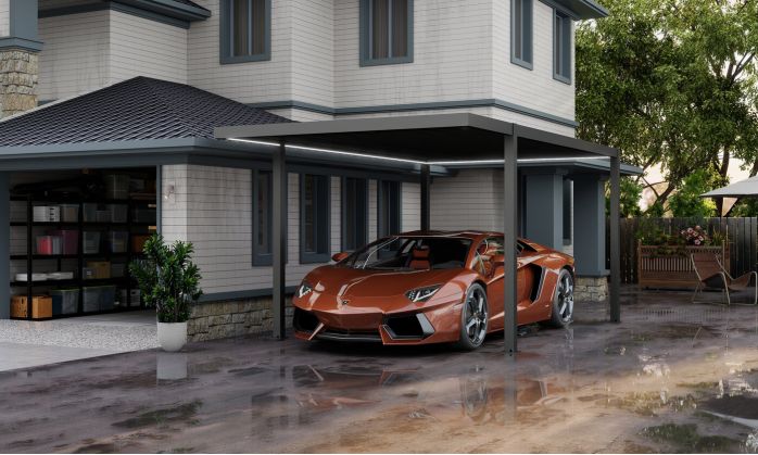 Carport aluminium autoportant avec LED Névéo toit plat 15m2