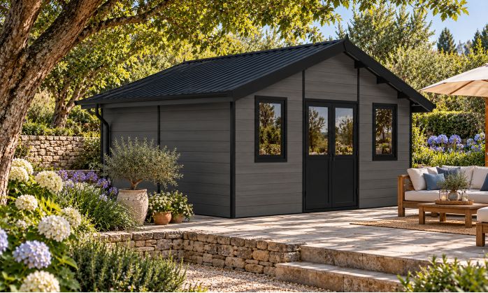 Abri de jardin composite HANOVRE, toit 2 pentes, anthracite, 499x387cm, 18.82 m2 int