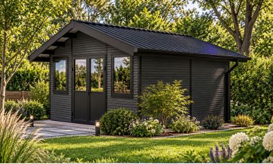 Abri de jardin composite BADEN BADEN, toit 2 pentes, anthracite, 385x385cm, 14.39m2
