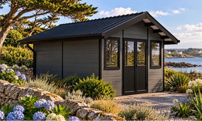 Abri de jardin composite BADEN BADEN, toit 2 pentes, anthracite, 385x385cm, 14.39m2