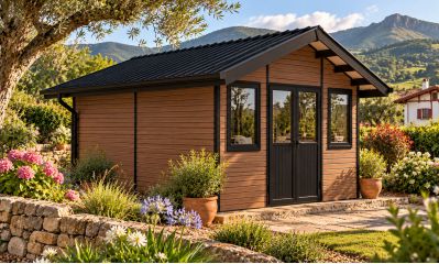 Abri de jardin composite BADEN BADEN, toit 2 pentes, teck, 385x385cm, 14.39m2