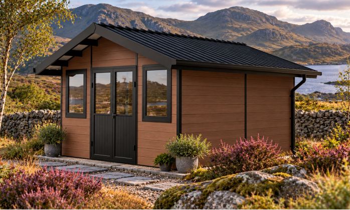 Abri de jardin composite BADEN BADEN, toit 2 pentes, teck, 385x385cm, 14.39m2