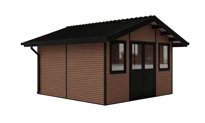 Abri de jardin composite BADEN BADEN, toit 2 pentes, teck, 385x385cm, 14.39m2
