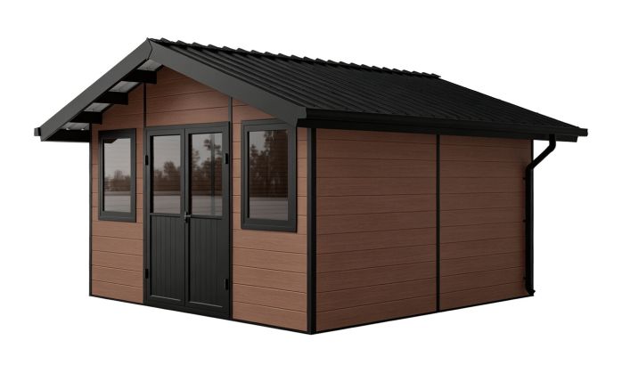 Abri de jardin composite BADEN BADEN, toit 2 pentes, teck, 385x385cm, 14.39m2