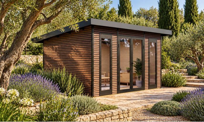 Abri de jardin composite COLOGNE, toit monopente, Teck, 387x293cm, 10.96m2