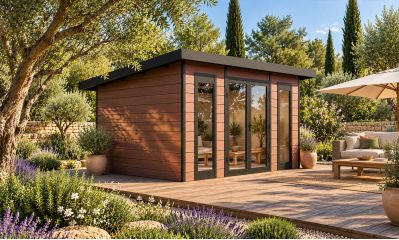 Abri de jardin composite COLOGNE, toit monopente, Teck, 387x293cm, 10.96m2