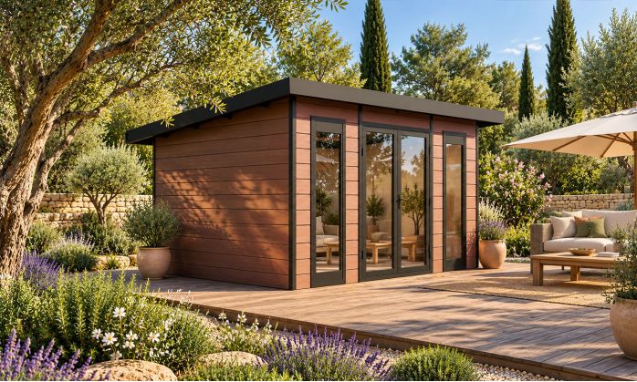 Abri de jardin composite COLOGNE, toit monopente, Teck, 387x293cm, 10.96m2