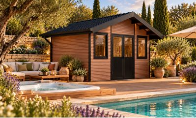 Abri de jardin composite LUBECK, toit 2 pentes, teck, 385x280cm, 10.41m2
