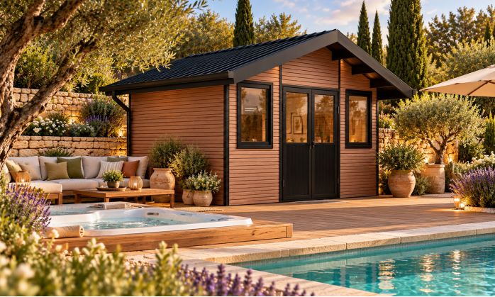 Abri de jardin composite LUBECK, toit 2 pentes, teck, 385x280cm, 10.41m2