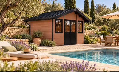 Abri de jardin composite LUBECK, toit 2 pentes, teck, 385x280cm, 10.41m2