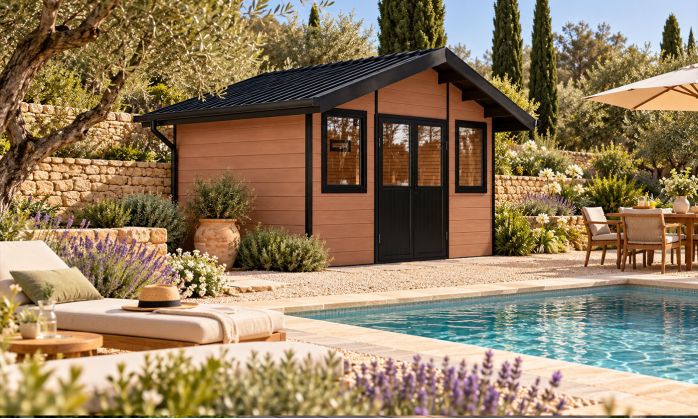 Abri de jardin composite LUBECK, toit 2 pentes, teck, 385x280cm, 10.41m2