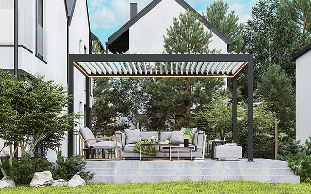 Pergola bioclimatique anthracite éclairage LED ambiance