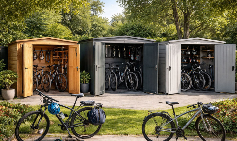 Abri à vélos bois, métal ou résine : guide complet + VAE, climat et sécurité